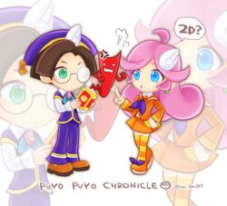  1boy blue_eyes blush_stickers book brown_hair earrings female glasses green_eyes hair_ornament klug klug_(puyopuyo) long_hair neckerchief official_style open_mouth orange_clothes pants pink_hair purple_clothes purple_pants puyopuyo puyopuyo_chronicle puyopuyo_fever raffine raffine_(puyopuyo) short_hair skirt sleeves socks 