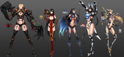  5girls armor artist_request black_hair blonde_hair blue_eyes blue_hair breasts cherno_alpha cleavage cleavage_cutout clothing_cutout coyote_tango crimson_typhoon cyborg gipsy_danger highres large_breasts mecha_musume medium_breasts multicolored_hair multiple_girls pacific_rim red_eyes striker_eureka yellow_eyes 