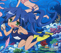  2girls air_bubble bubble coral fish flippers highres imageboard_desourced izumi_konata lucky_star megami_magazine multiple_girls non-web_source official_art one-piece_swimsuit photoshop_(medium) scan school_swimsuit star_(symbol) star_print swimsuit underwater water yamada_naoko 