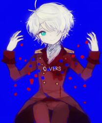  1boy aldnoah.zero ascot blue_eyes buttons commentary_request double-breasted fc_(efushii) hair_over_one_eye male_focus military military_uniform petals slaine_troyard smile tears uniform white_hair 