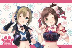  2girls ;3 ;d animal_ear_headphones animal_ears asterisk_(idolmaster) blush brown_hair cat_ear_headphones cat_ears circle_name crop_top cropped_jacket crown detached_collar fake_animal_ears flower fukahire_(ruinon) green_hair hand_on_headphones headphones idolmaster idolmaster_cinderella_girls jacket jewelry light_brown_hair maekawa_miku midriff multiple_girls navel necklace oerba_yun_fang one_eye_closed open_clothes open_jacket open_mouth over_the_collar_(idolmaster) paw_pose paw_print ponytail sidelocks sleeveless sleeveless_jacket smile tada_riina 