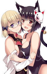  2girls :d animal_ears asymmetrical_docking azur_lane bare_shoulders bell black_hair black_one-piece_swimsuit blonde_hair blush bow breast_press breasts cat_ears commentary_request glasses hairbow jingle_bell kusano_(torisukerabasu) large_breasts long_sleeves looking_at_viewer mask mask_on_head mismatched_eyebrows multiple_girls name_tag oerba_yun_fang off_shoulder official_alternate_costume one-piece_swimsuit open_mouth purple_eyes red_eyes school_swimsuit shirt short_hair sideboob simple_background smile swimsuit tail tail_bell tail_ornament upper_body white_background white_shirt yamashiro_(azur_lane) yamashiro_(summer_offensive?)_(azur_lane) z23_(azur_lane) z23_(philosophy_sensei)_(azur_lane) 