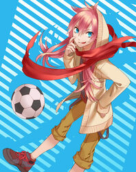  1boy bad_id bad_pixiv_id ball blue_eyes hood hood_up hs2 inazuma_eleven_(series) inazuma_eleven_go kirino_ranmaru long_hair male_focus pink_hair scarf soccer_ball solo telstar tongue 