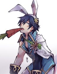  1boy animal_ears bad_id bad_twitter_id blue_eyes blue_hair carrot chrom_(fire_emblem) chrom_(spring)_(fire_emblem) commentary_request eri_(erikiri) fire_emblem fire_emblem_awakening fire_emblem_heroes food gloves highres looking_at_viewer male_focus open_mouth rabbit_ears sexually_suggestive solo 