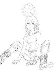  1boy bad_id bad_pixiv_id ball greyscale hs2 inazuma_eleven_(series) inazuma_eleven_go kariya_masaki line_art male_focus monochrome simple_background sitting soccer_ball solo white_background 