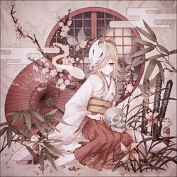  alternate_costume bamboo barefoot bird blonde_hair bow cherry_blossoms commentary_request egasumi feet female fox_tail grey_eyes hairbow hakama hakama_skirt highres japanese_clothes kagamine_rin kimono kitsune_no_yomeiri_(vocaloid) long_sleeves looking_at_viewer mask moco mouth_mask obi oil-paper_umbrella partial_commentary petals pinwheel rain sash sign sitting skirt skull solo tail twig umbrella vocaloid wide_sleeves window yukata 