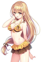  arm_up bad_id bad_pixiv_id bikini blonde_hair blunt_bangs blush breasts cleavage cowboy_shot female frilled_bikini frills kanade_haruka long_hair mahou_shoujo_madoka_magica mahou_shoujo_suzune_magica medium_breasts open_mouth senri_gan simple_background solo standing swimsuit very_long_hair white_background yellow_bikini yellow_eyes 