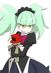  bangs biburi_(precure) black_shirt black_skirt blunt_bangs closed_mouth crossed_arms female female green_hair happy hat holding juliet_sleeves kirakira_precure_a_la_mode long_sleeves maid_headdress mikomo multicolored multicolored_eyes precure puffy_sleeves red_eyes red_hat shiny shiny_hair shirt simple_background skirt smile solo standing star stuffed_animal stuffed_toy tied_hair top_hat twintails white_background yellow_eyes 