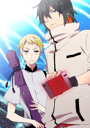  2boys bad_id bad_pixiv_id black_hair blonde_hair gatchaman_crowds gloves hibiki_joe multiple_boys note_(gatchaman_crowds) notepad tachibana_sugane weapon_bag yellow_eyes yuzucky 