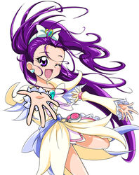  ;d bow brooch commentary_request cure_egret dress eyelashes female futari_wa_precure_splash_star hairbow heart heart_brooch high_ponytail jewelry long_hair magical_girl mishou_mai one_eye_closed open_mouth outstretched_arms photoshop_(medium) ponytail precure purple_eyes purple_hair ribbon sinko_(sinsin) smile solo spread_arms white_background wide_ponytail 