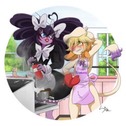  1:1 alpha_channel alternative_fashion anthro apron apron_only birthday border clothing cooking duo fail generation_2_pokemon generation_5_pokemon goth gothitelle hamsteroftime leo_(velociripper) maid_uniform mostly_nude nintendo pokemon pokemon_(species) pristine_(velociripper) purple_body smeargle transparent_border uniform 