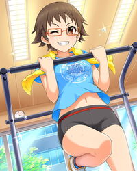  artist_request black_shorts brown_eyes brown_hair exercising female glasses gym_shorts idolmaster idolmaster_cinderella_girls kitagawa_mahiro navel official_art one_eye_closed orange-framed_eyewear short_hair shorts solo sweat towel tree 