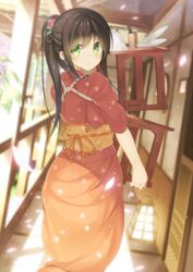  architecture bowl carrying chopsticks commentary cup dutch_angle east_asian_architecture female from_behind green_eyes hair_ornament hallway hatsuki_kaname high_ponytail japanese_clothes kimono lantern leaf light_particles long_hair looking_at_viewer looking_back masu moe2016 nakai_(waitress) obi original plant plate ponytail railing red_kimono sash sliding_doors solo sunlight tasuki waitress yukata 