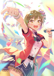  :d backlighting belt black_necktie blue_skirt blush bow buttons collared_shirt commentary_request cowboy_shot crown diamond_(shape) female frilled_skirt frills glint green_bow green_hair hair_between_eyes hair_ornament hairbow holding holding_microphone idolmaster idolmaster_million_live! idolmaster_million_live!_theater_days leaning_forward looking_at_viewer microphone mini_crown multicolored_eyes music nagayoshi_subaru necktie open_mouth outstretched_arm pleated_skirt pointing puffy_short_sleeves puffy_sleeves red_eyes red_vest shiny_trinity_(idolmaster) shirt short_hair short_sleeves singing skirt smile solo standing star_(symbol) star_hair_ornament starry_background striped striped_bow teeth terumii upper_teeth_only v-shaped_eyebrows vest white_shirt wide-eyed wristband yellow_eyes 