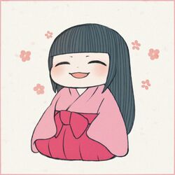  :d ayu_(mog) bad_id bad_pixiv_id black_hair blush border chibi closed_eyes facing_viewer female hakama hakama_skirt japanese_clothes kaguya-hime_no_monogatari kimono long_hair lowres me_no_warawa open_mouth pink_kimono red_hakama seiza sitting skirt smile solo 