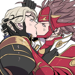  2boys armor blonde_hair blush brown_hair fire_emblem fire_emblem_if kissing long_hair male_focus marx_(fire_emblem_if) multiple_boys rivals ryouma_(fire_emblem_if) sweat u-kumakichi u_(lastcrime) yaoi 