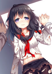  akatsuki_(kancolle) alternate_hairstyle black_hair check_commentary collarbone commentary commentary_request female hair_ribbon interlocked_fingers kantai_collection long_hair lying midriff navel neckerchief no_headwear on_back open_mouth panties panties_under_pantyhose pantyhose purple_eyes red_neckerchief ribbon shirt skirt solo_focus torn_clothes torn_pantyhose torn_shirt torn_skirt underwear xia_xiang_(ozicha) 