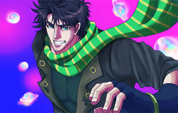  1boy bad_boy black_hair blue_eyes bubble commentary_request fingerless_gloves gloves jacket jojo_no_kimyou_na_bouken joseph_joestar joseph_joestar_(young) male_focus scarf solo 