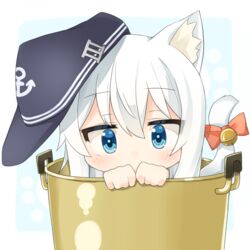  anchor_symbol animal_ears bell black_hat blue_eyes blush bow cat_ears cat_girl cat_tail check_commentary commentary_request covered_mouth female flat_cap hat hibiki_(kancolle) in_container in_pot jingle_bell kantai_collection kemonomimi_mode long_hair looking_at_viewer mini_person minigirl neko_nabe rateratte red_bow solo tail tail_bell tail_bow tail_ornament white_hair 