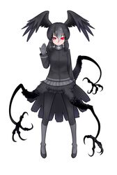  arm_at_side bird_legs bird_tail black_gloves black_hair black_jacket black_wings commentary_request female full_body gloves grey_hair hair_between_eyes hair_ornament hand_up head_wings ise_(0425) jacket kemono_friends legs_apart long_sleeves medium_hair monster_girl multicolored_hair multiple_legs pantyhose red_eyes simple_background skirt solo standing tail white_background wings yatagarasu_(kemono_friends) 