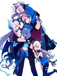  1boy 3girls ahoge angry bad_id bad_twitter_id badge blue_eyes blue_horns braid button_badge chiliarch_(elsword) ciel_(elsword) closed_eyes clothes_pull demon_girl demon_tail demon_wings diabla_(elsword) dreadlord_(elsword) elsword gloves hair_ornament hairclip hands_on_another&#039;s_face highres hood horns hug long_hair luciela_r._sourcream mellchi multiple_girls multiple_persona noblesse_(elsword) pants pants_pull saliva symbol-shaped_pupils tail tattoo thighhighs tiara twintails vest white_hair wings 