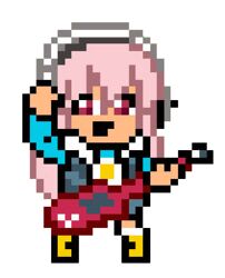  chibi downtown_nekketsu_monogatari electric_guitar female full_body guitar headphones instrument kunio-kun_series long_hair looking_at_viewer lowres music nitroplus official_art open_mouth pink_hair pixel_art playing_instrument red_eyes smile solo super_sonico transparent_background 