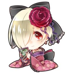  bad_id bad_pixiv_id bags_under_eyes blonde_hair blush bow chibi choker earrings female flower hair_flower hair_ornament hair_over_one_eye hairbow hanafuda_yatsuwo idolmaster idolmaster_cinderella_girls japanese_clothes jewelry kimono looking_at_viewer nail_polish red_eyes shirasaka_koume short_hair smile solo wide_sleeves 