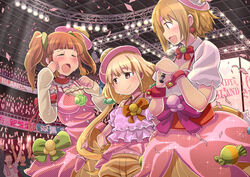  3girls :d audience blush brown_eyes brown_hair candy_island_(idolmaster) chiyomi commentary_request futaba_anzu glowstick idolmaster idolmaster_cinderella_girls long_hair mimura_kanako multiple_girls ogata_chieri open_mouth short_hair skirt smile sweet2_happy_(idolmaster) twintails 