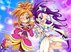  2girls ;d arm_warmers bike_shorts blue_background boots bow brooch brown_eyes commentary_request cure_bloom cure_egret double_v earrings eyelashes fingerless_gloves futari_wa_precure_splash_star gloves gradient_background grin hairband hairbow heart heart_brooch high_ponytail hyuuga_saki jewelry knee_boots light_particles long_hair magical_girl mishou_mai multiple_girls one_eye_closed open_mouth orange_hair photoshop_(medium) pink_arm_warmers pink_sleeves ponytail precure purple_background purple_eyes purple_hair shorts shorts_under_skirt sinko_(sinsin) skirt smile standing standing_on_one_leg v wide_ponytail 