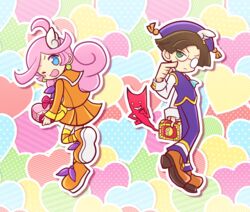  1boy blue_eyes blush_stickers bow earrings female green_eyes hair_ornament hairpin hat heart-shaped_box klug klug_(puyopuyo) long_hair official_style one_eye_closed open_mouth orange_clothes pants pink_hair purple_clothes purple_hat purple_pants puyopuyo puyopuyo_fever raffine raffine_(puyopuyo) sega shoes short_hair skirt smile socks valentines 