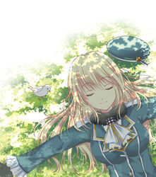  ascot atago_(kancolle) beret bird black_gloves blonde_hair blue_dress closed_eyes commentary_request dove dress female frilled_sleeves frills fur_collar gloves hat highres kantai_collection long_hair long_sleeves lying maya_(tirolpop) military military_uniform on_back outdoors outstretched_arms shade smile spread_arms tree under_tree uniform unworn_hat unworn_headwear upper_body 