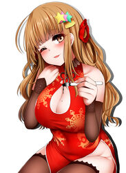  absurdres ahoge bad_id bad_pixiv_id bare_shoulders blunt_bangs breasts brown_eyes brown_hair brown_thighhighs calligraphy_brush china_dress chinese_clothes cleavage cleavage_cutout clenched_hand clothing_cutout collarbone covered_navel cowboy_shot detached_sleeves dress dripping female flower gradient groin hair_flower hair_ornament hand_on_own_chest head_tilt highres holding holding_paintbrush idolmaster idolmaster_cinderella_girls ink invisible_chair lace lace-trimmed_legwear lace-trimmed_sleeves lace_trim large_breasts legs_together long_hair long_sleeves looking_at_viewer mapar mole mole_on_breast moroboshi_kirari no_panties one_eye_closed paintbrush parted_lips pelvic_curtain photoshop_(medium) print_dress red_dress red_flower shadow side_slit sidelocks sitting sleeves_past_wrists smile snowflake_print solo star_(symbol) star_hair_ornament taut_clothes thighhighs wavy_hair 