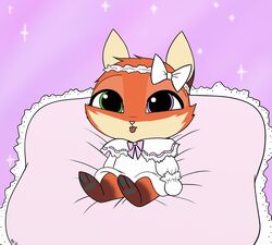  2017 3_toes accessory anthro baby bow_ribbon canid canine disney feet fox fur hair_accessory hair_ribbon hairbow heterochromia hybrid lagomorph leporid mammal orange_body orange_fur pillow rabbit ribbons skelly_doll solo sparkles toes tongue tongue_out violet_(zootopia) young zootopia 