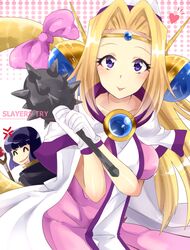  1boy :p anger_vein bad_id bad_pixiv_id blonde_hair bow copyright_name dragon_tail female filia_ul_copt gloves hair_ornament heart looking_at_viewer mace pink_bow purple_eyes purple_hair ribbon slayers slayers_try spiked_mace spikes staff tail tail_bow tail_ornament tongue tongue_out weapon xelloss yasuda_rikka 