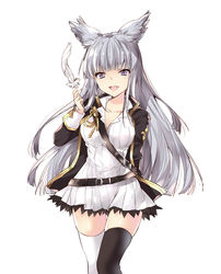  anapom animal_ears asymmetrical_legwear belt black_jacket black_thighhighs blunt_bangs blunt_ends blush breasts cleavage collarbone collared_dress commentary_request cowboy_shot dress erune female gold_trim granblue_fantasy grey_eyes grey_hair hair_ornament hair_spread_out hand_up highres jacket korwa large_breasts long_hair long_sleeves looking_at_viewer mismatched_legwear oerba_yun_fang open_clothes open_jacket pleated_dress quill ribbed_dress short_dress sidelocks skindentation smile solo thighhighs white_background white_legwear 