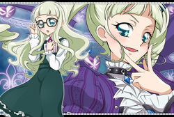  2girls adjusting_eyewear aikatsu! aikatsu!_(series) ascot black-framed_eyewear blush choker commentary_request dress dual_persona fangs fleur-de-lis glasses gloves green_eyes green_hair light_green_hair long_hair multiple_girls photoshop_(medium) sinko_(sinsin) todo_yurika twintails 