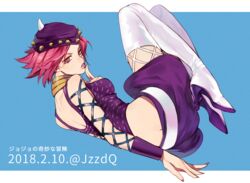  backless_outfit bad_id bad_pixiv_id blue_background boots breasts butt_crack cako_(a_ben) commentary_request copyright_name dated female fishnet_top fishnets genderswap_(mtf) hand_on_own_chest hat high_heel_boots high_heels jewelry jojo_no_kimyou_na_bouken lips looking_at_viewer medium_breasts narciso_anasui neck_ring pink_eyes pink_hair rule_63 short_hair simple_background solo stone_ocean thigh_boots thighhighs twitter_username white_thighhighs 