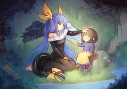  2girls asymmetrical_wings bare_shoulders barefoot black_dress blue_hair bow brown_hair commentary cubehero dizzy_(guilty_gear) dress english_commentary grabbing_another&#039;s_wing guilty_gear hairbow hand_on_another&#039;s_head josephine_(guilty_gear) long_hair multiple_girls red_eyes river sitting strapless strapless_dress tail tail_bow tail_ornament tree white_eyes wings 