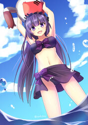  bad_id bad_pixiv_id beach bikini black_bikini blunt_bangs bow breasts day female headdress long_hair looking_at_viewer marie_marie medium_breasts purple_bow purple_eyes purple_hair ryofuhiko sarong smile solo sound_horizon swimsuit vanishing_starlight 