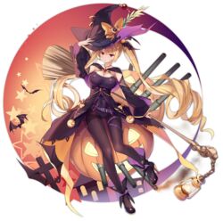  azur_lane black_hat black_pantyhose blonde_hair blush bow breasts broom cleavage closed_mouth female full_body gem hat hat_bow high_heels highres jack-o&#039;-lantern kaede_(yumesaki_kaede) lantern large_breasts long_hair looking_at_viewer nelson_(azur_lane) nelson_(luna_witch)_(azur_lane) official_alternate_costume official_art orange_bow pantyhose red_eyes red_gemstone round_image solo transparent_background twintails very_long_hair witch_hat 