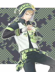  1boy bad_id bad_pixiv_id badge belt blonde_hair button_badge cube dramatical_murder eyebrow_piercing green_eyes hat male_focus minato_(robin) necktie noiz_(dramatical_murder) piercing safety_pin solo 