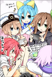  blanc_(neptunia) blue_eyes blue_hair blush bow brown_hair controller d-pad d-pad_hair_ornament game_console game_controller green_eyes hair_ornament hairbow hairclip handheld_game_console highres if_(neptunia) long_hair looking_at_viewer multiple_girls neptune_(neptunia) neptune_(series) official_art open_mouth playing_games ponytail purple_hair red_hair ribbon sega_hatsumi short_hair smile tennouboshi_uzume translation_request tsunako twintails 