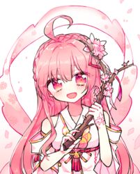  ahoge alternate_color alternate_hair_color apsara_(elsword) ara_haan braid branch buchu14569590 cherry_blossoms commentary elsword female gradient_background long_hair pink_background pink_eyes pink_hair sash smile symbol-only_commentary white_background 