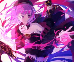  bare_shoulders black_thighhighs book colonel_olcott_(fate) commentary_request fate/grand_order fate_(series) female hat helena_blavatsky_(fate) helena_blavatsky_(third_ascension)_(fate) purple_eyes purple_hair qniokun sefirot short_hair smile solo strapless thighhighs 