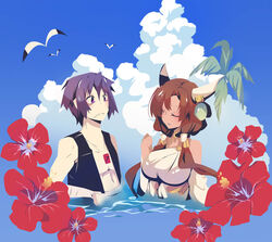  1boy cloud demon female horn houjou_ujinao kyoukaisenjou_no_horizon noriki ocean purple_eyes purple_hair tan_skin 