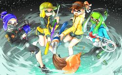  .96_gal_(splatoon) 1boy 3girls aqua_jacket artist_name bandana bandana_over_mouth baseball_cap beanie bike_shorts black_eyes black_footwear black_hat black_jacket black_pants blonde_hair blue_hair blunt_bangs brown_eyes brown_hat camouflage camouflage_headwear closed_mouth commentary dolphin_shorts goo_tuber_(splatoon) green_eyes green_hair green_hat hat headgear highres holding holding_weapon inkbrush_(splatoon) inkling inkling_(language) inkling_boy inkling_girl inkling_player_character jacket leg_up logo long_hair long_sleeves looking_at_viewer mask mouth_mask multiple_girls open_mouth paint_splatter pants pink_hair pointy_ears print_headwear print_jacket red_eyes short_hair short_shorts shorts signature single_vertical_stripe skull_print smile splat_charger_(splatoon) splatoon_(series) splatoon_2 squid squidbeak_splatoon standing standing_on_one_leg tentacle_hair weapon yellow_jacket yuito_(yuitokobunasbs0) 