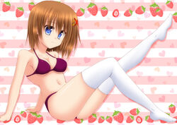  bikini blue_eyes brown_hair commentary_request female food fruit hair_ornament heart lask lyrical_nanoha mahou_shoujo_lyrical_nanoha_strikers short_hair solo strawberry swimsuit x_hair_ornament yagami_hayate 