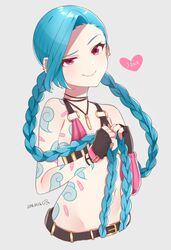  arm_tattoo belt blue_hair blush braid bullets female jinx_(league_of_legends) league_of_legends pink_eyes tattoo twin_braids very_long_hair 