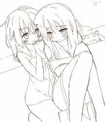  2girls akemi_homura bad_id bad_pixiv_id blush commentary_request kaname_madoka kyuubee long_hair looking_back mahou_shoujo_madoka_magica mahou_shoujo_madoka_magica_(anime) mille monochrome multiple_girls naked_towel sitting smile towel yuri 