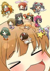  &gt;_&lt; 6+girls abe_nana ahoge animal_ears animal_hood aqua_eyes b-man bad_id bad_pixiv_id black_hair blonde_hair blush book braid brown_eyes brown_hair cake cat_ears cat_hood cat_tail chibi closed_eyes dog_ears eating eyepatch fire flower food futaba_anzu green_eyes green_hair grey_hair hair_ornament hair_ribbon hat hayasaka_mirei himekawa_yuki hino_akane_(idolmaster) hood hoodie hoshi_syoko idolmaster idolmaster_cinderella_girls kanzaki_ranko maekawa_miku maid megaphone mimura_kanako mole mole_under_eye moroboshi_kirari multiple_girls mushroom oerba_yun_fang one_eye_closed orange_hair panties ponytail puchimasu! purple_hair red_eyes red_hair ribbon scrunchie shibuya_rin star_(symbol) star_hair_ornament tail takagaki_kaede tears twintails underwear uppercut wings yellow_eyes 